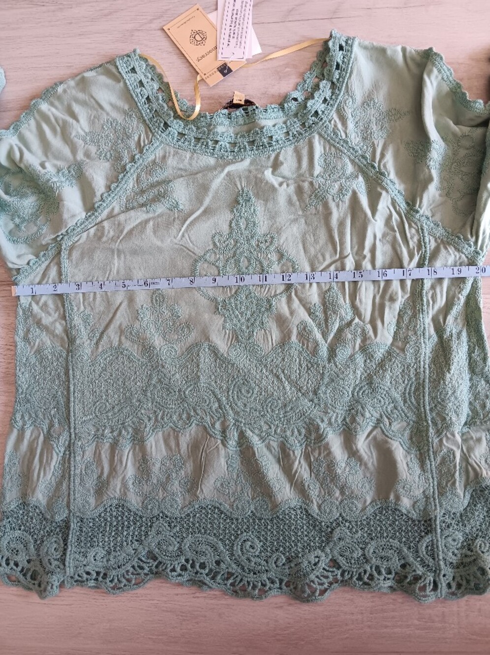 Democracy Boho Lace Embroidered Blouse Long Bell Sleeves Aqua Blue Small - Picture 8 of 14